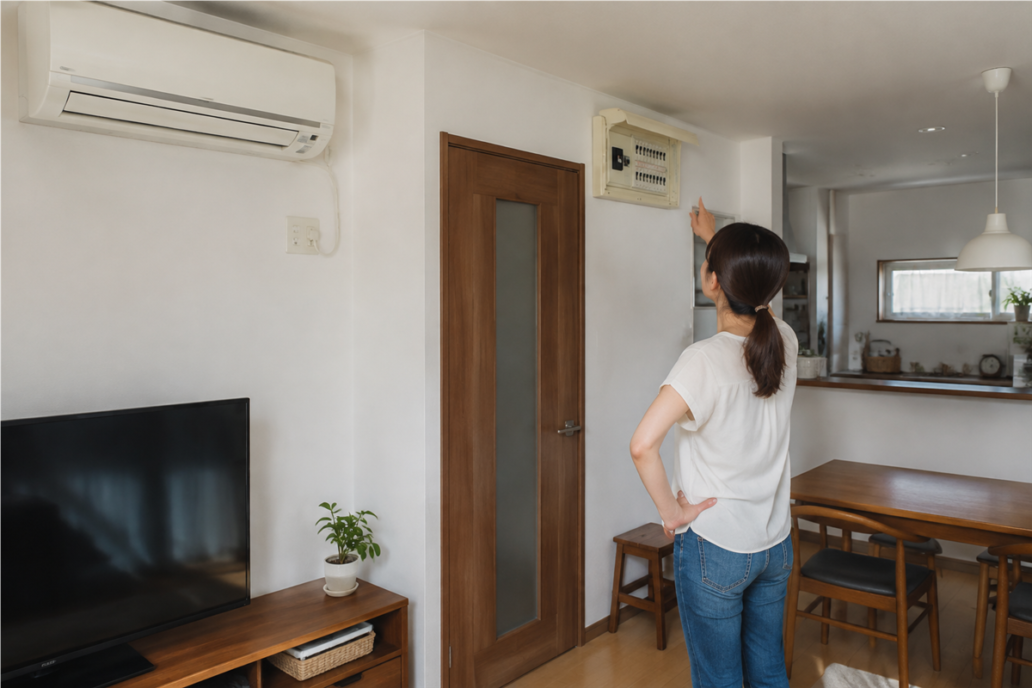停止したエアコンと分電盤を離れて確認する住人