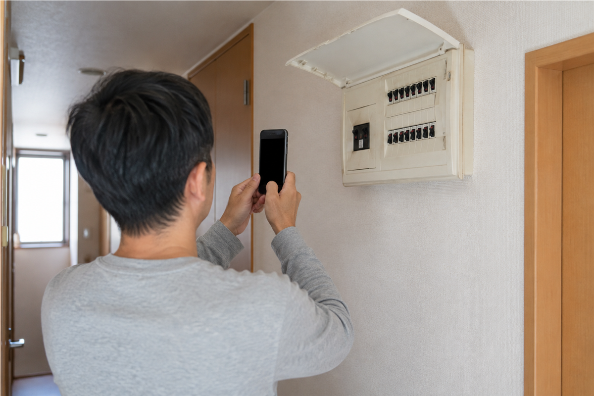 ブレーカーに触れず分電盤の状態を記録する様子