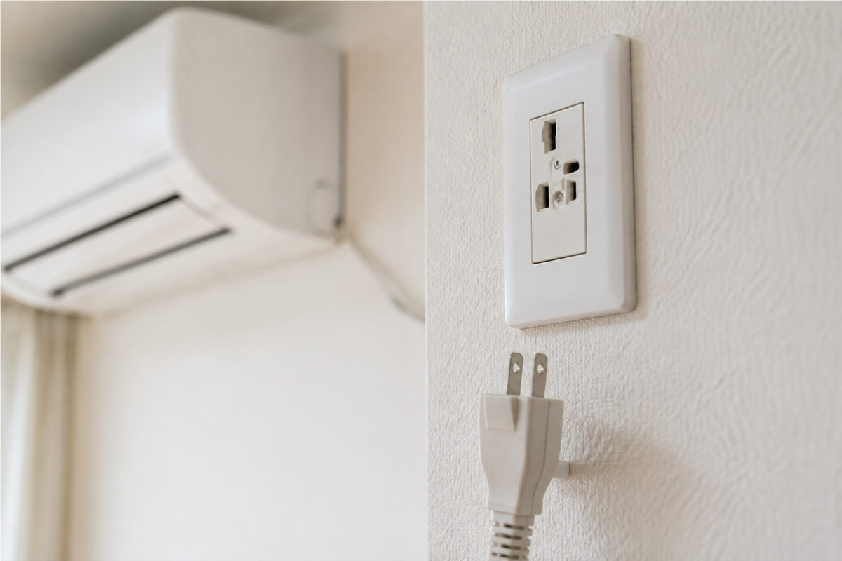 電源プラグが抜かれた状態のエアコン用コンセント