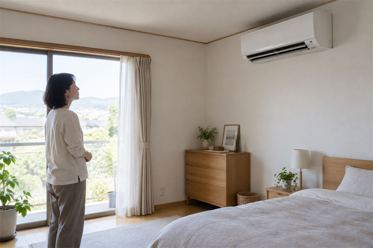 傾いたエアコンの風向板を触らず観察する様子