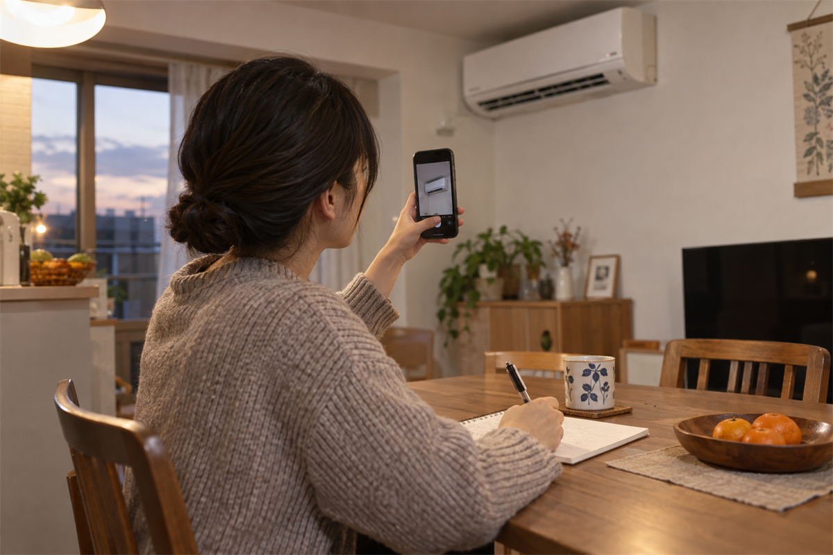 エアコンの運転状態と操作内容をノートへ記録する様子