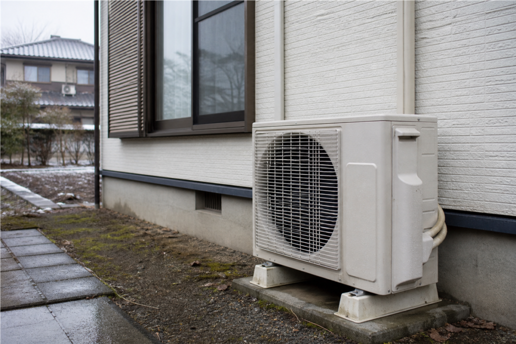 冬の住宅脇に設置されたエアコン室外機