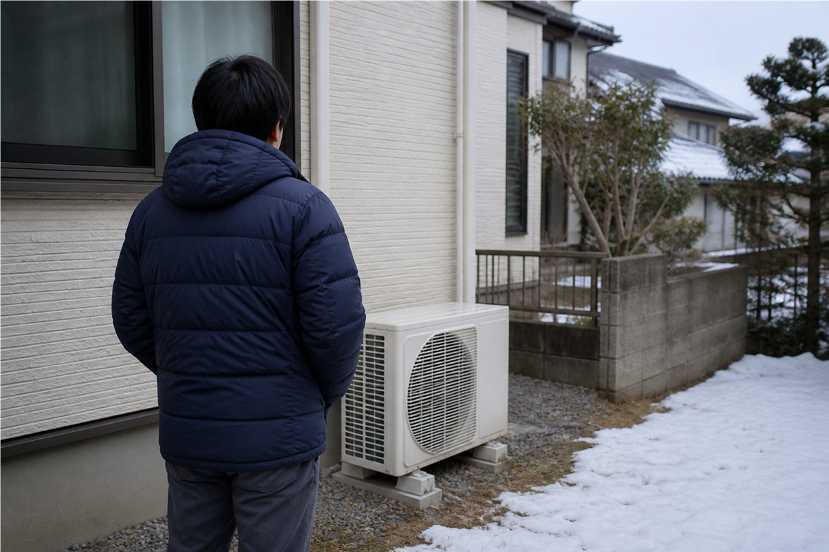 暖房中の室外機を離れた位置から確認する様子
