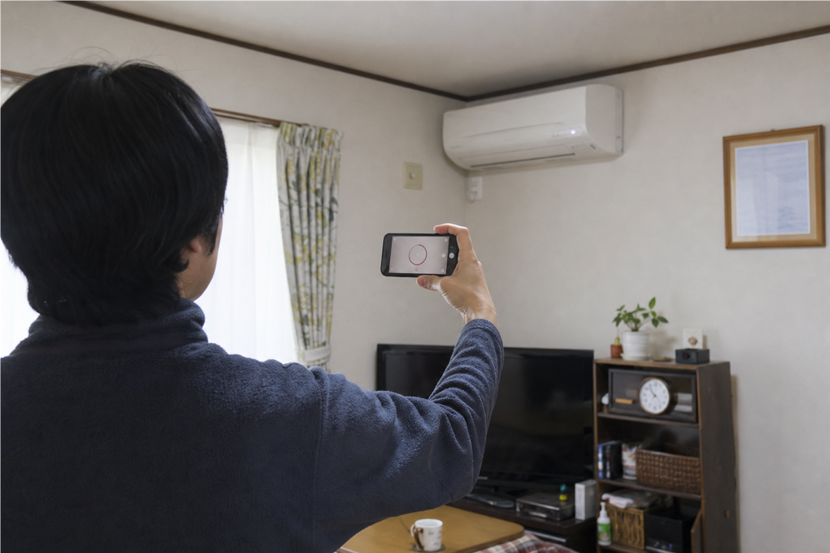 エアコンの運転表示と時刻をスマートフォンで記録する場面