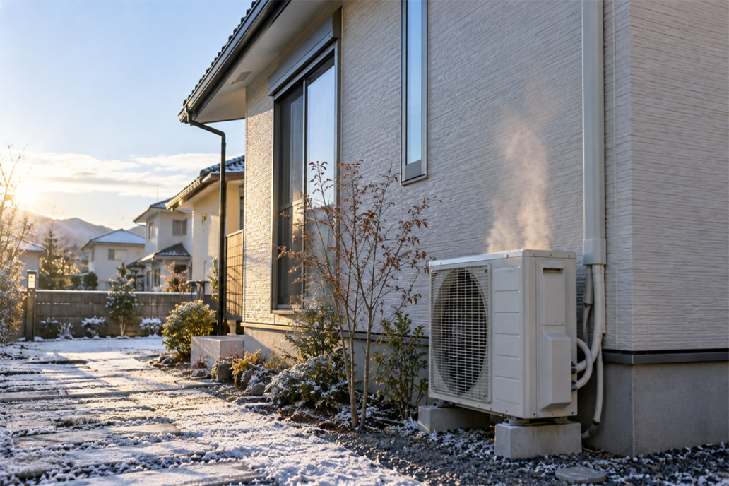 冬の住宅脇で薄い湯気が出ているエアコン室外機