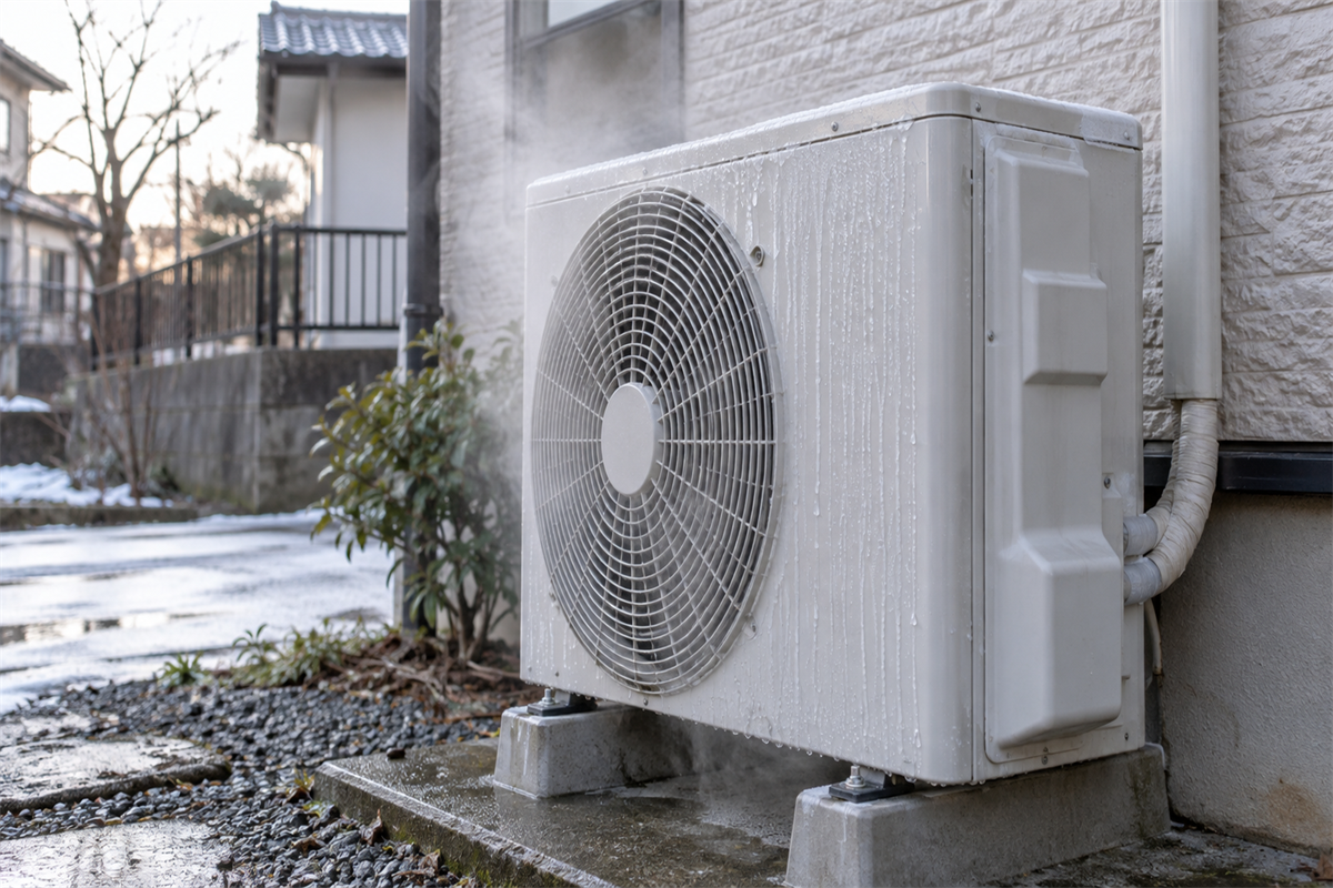 霜取り運転で水滴と白い湯気が出ている室外機