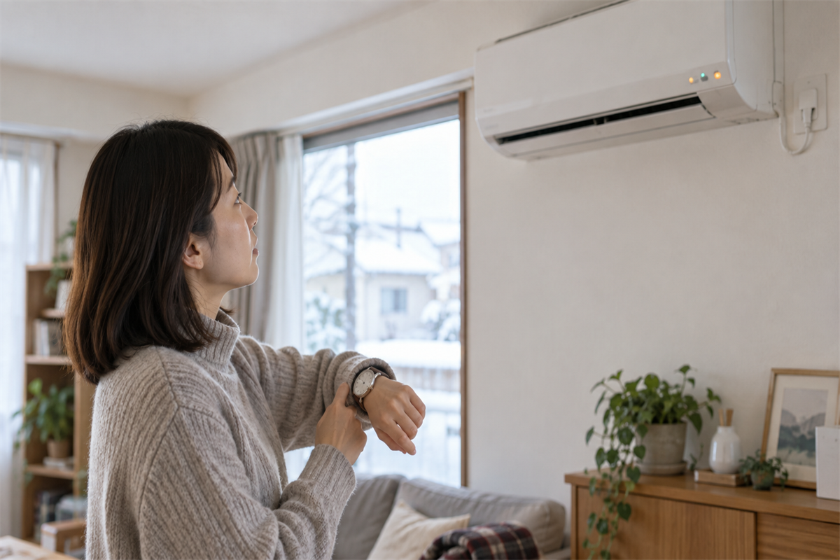 暖房停止時に室内機のランプと経過時間を確認する様子