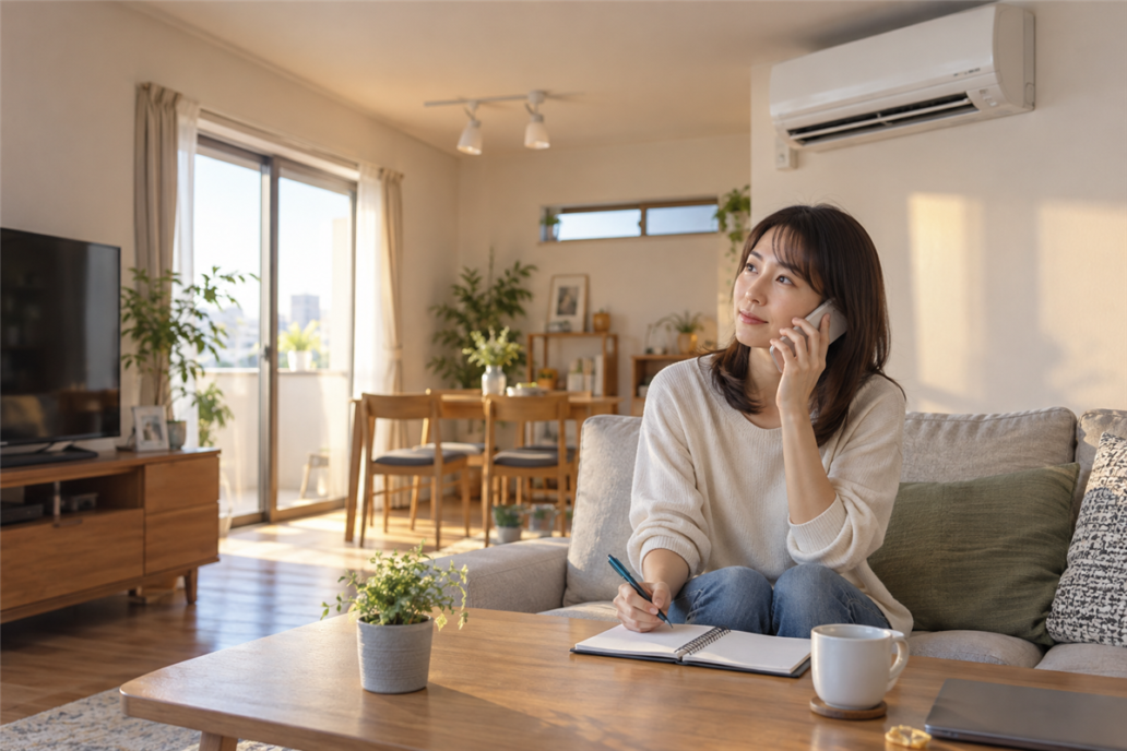 エアコン室内機のランプ点滅を確認する様子