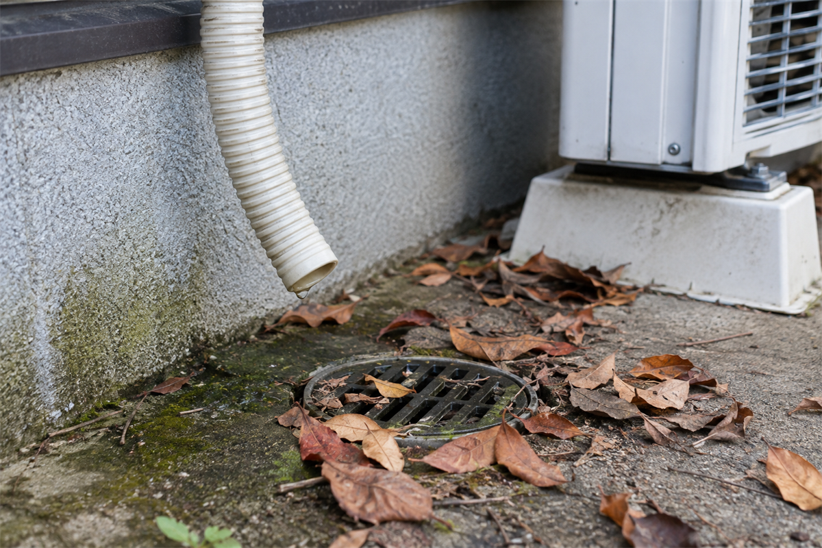 屋外にあるエアコンのドレンホース先端