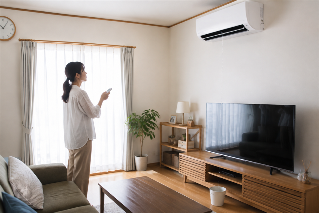 冷房中の室内機から落ちる水に気づき、運転を止めた室内