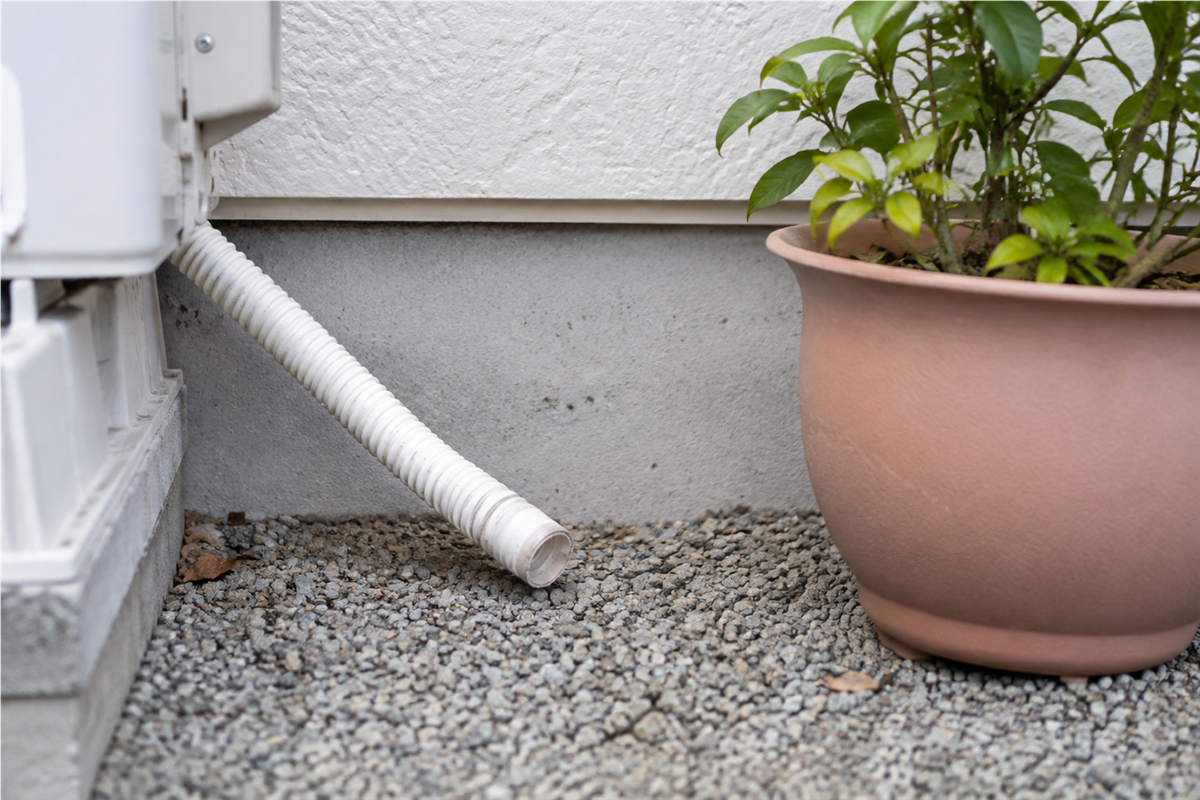植木鉢が近くにあるドレンホース先端を確認する様子