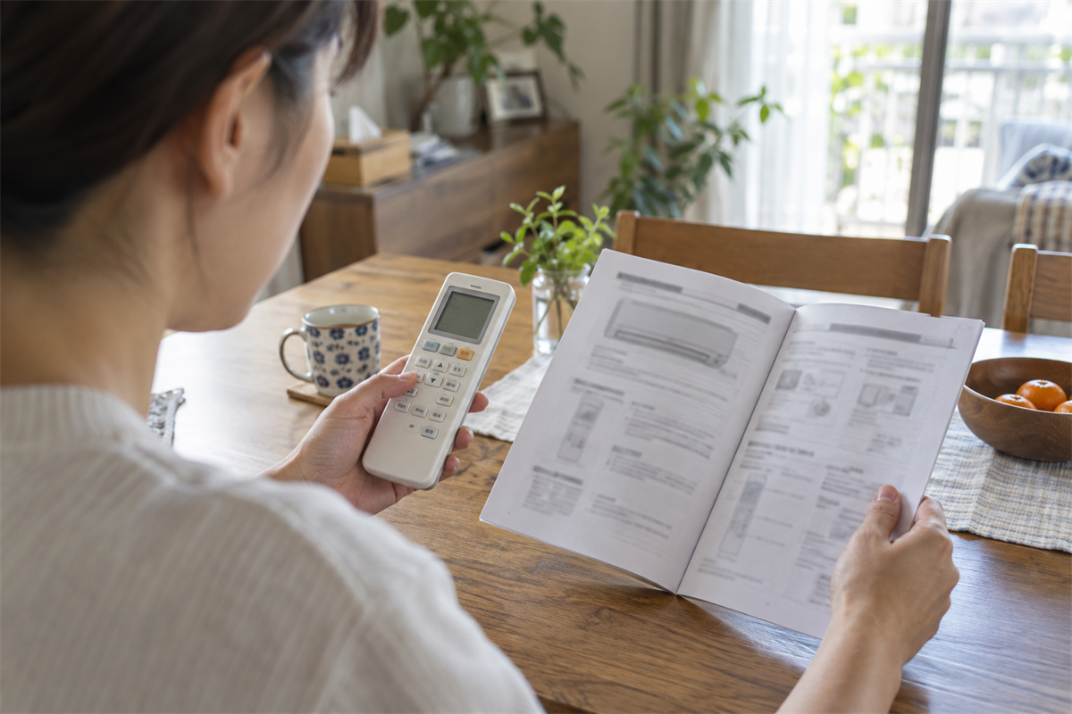 リモコンと取扱説明書でエラーコードの確認手順を調べる様子