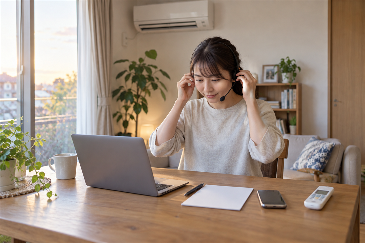 エアコンの点検相談に必要な情報を手元にそろえる様子
