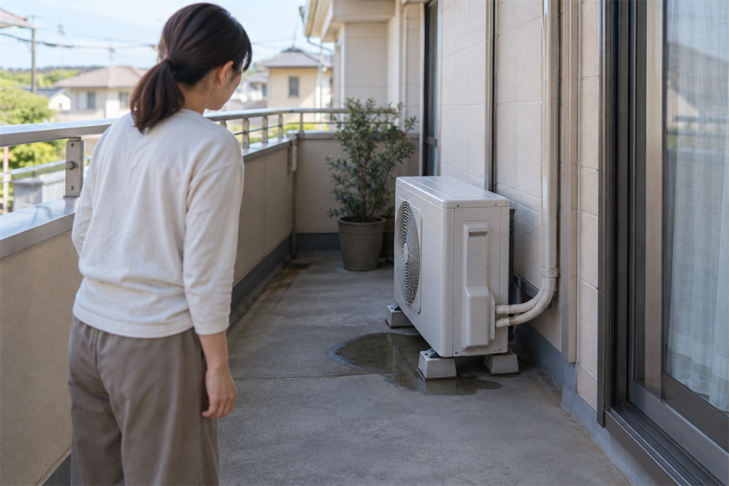エアコン室外機の近くにできた水たまりを確認する住人