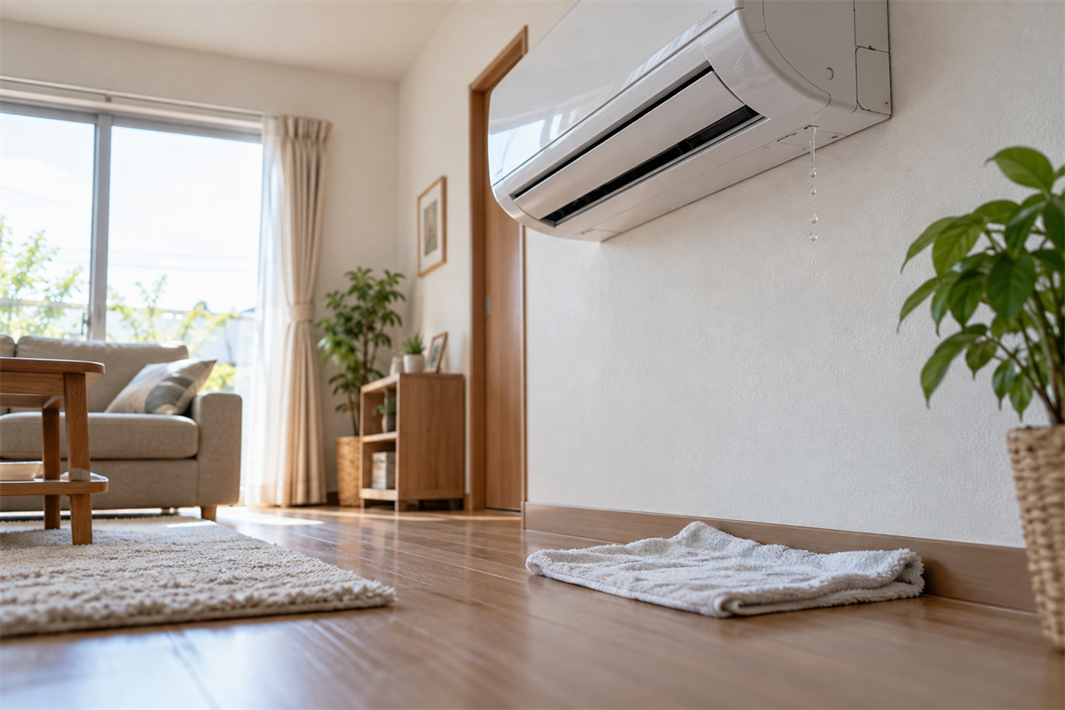 室外機の排水と区別して確認したい室内機からの水滴