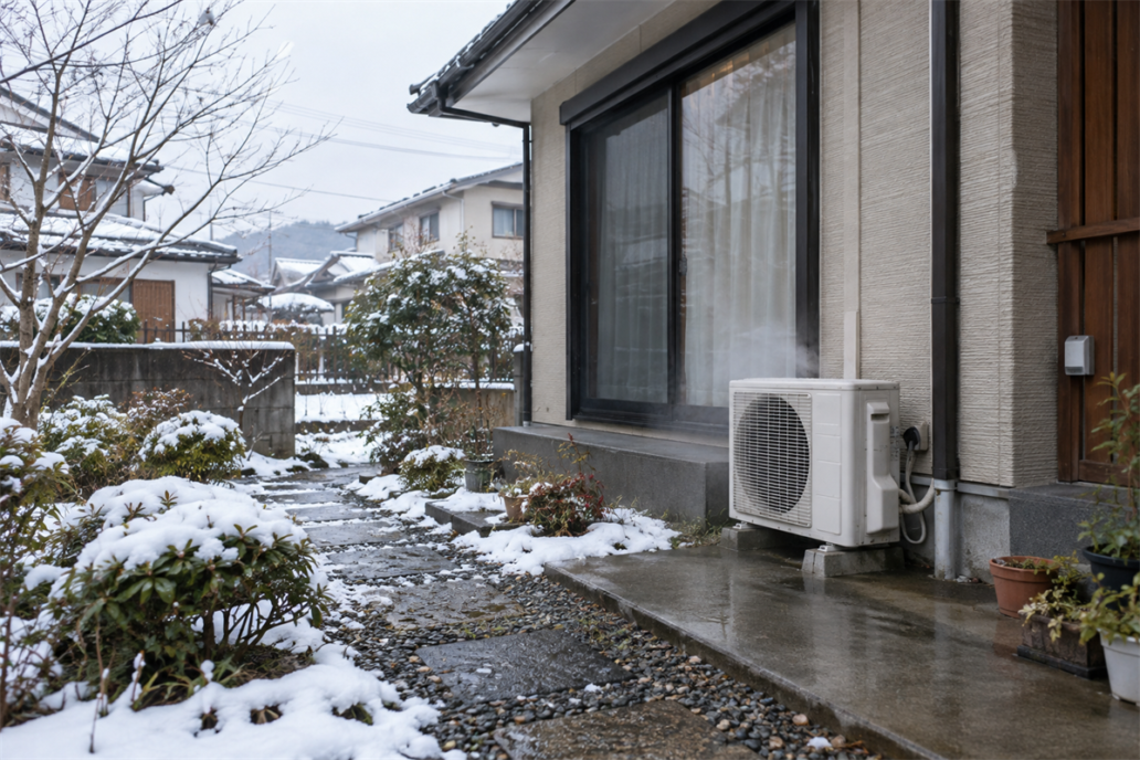 冬の住宅に設置された室外機から薄い白い湯気が出ている様子