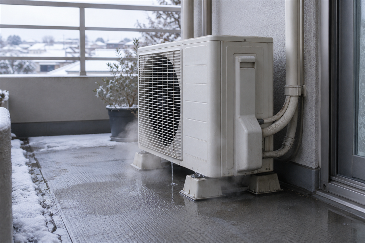 霜取り運転で水と白い湯気が出ているベランダの室外機