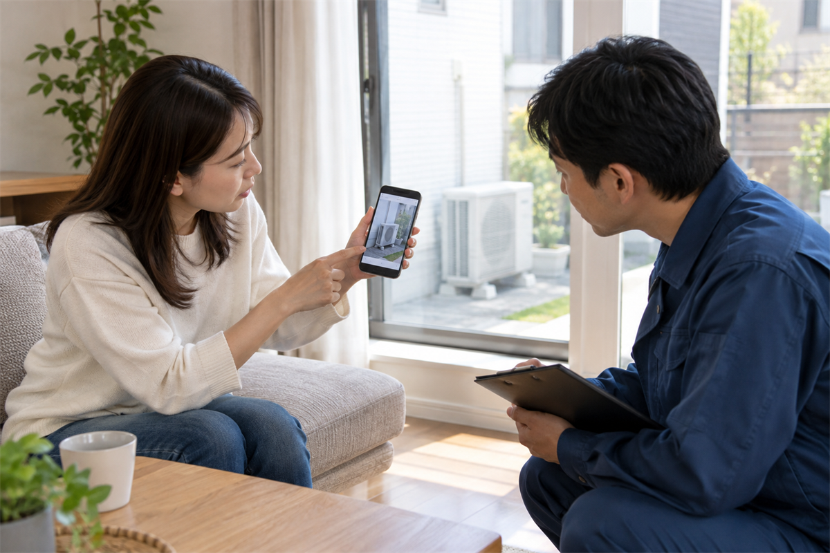 室外機の写真を見せながら作業担当者へ相談する住人