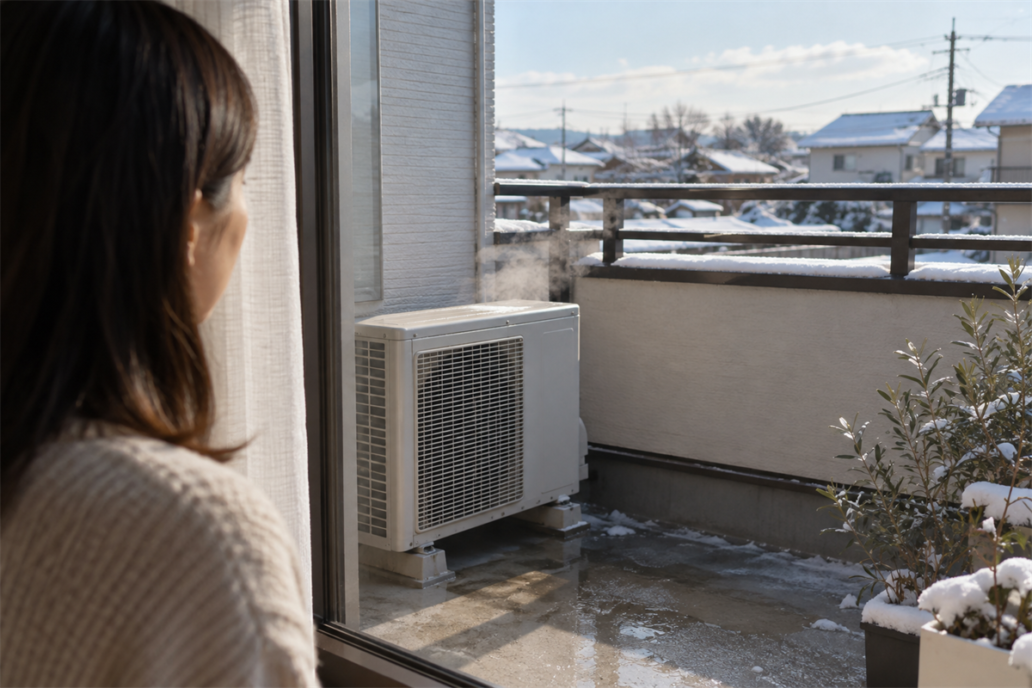 冬のベランダで暖房運転中の室外機から白い湯気と水が出る様子