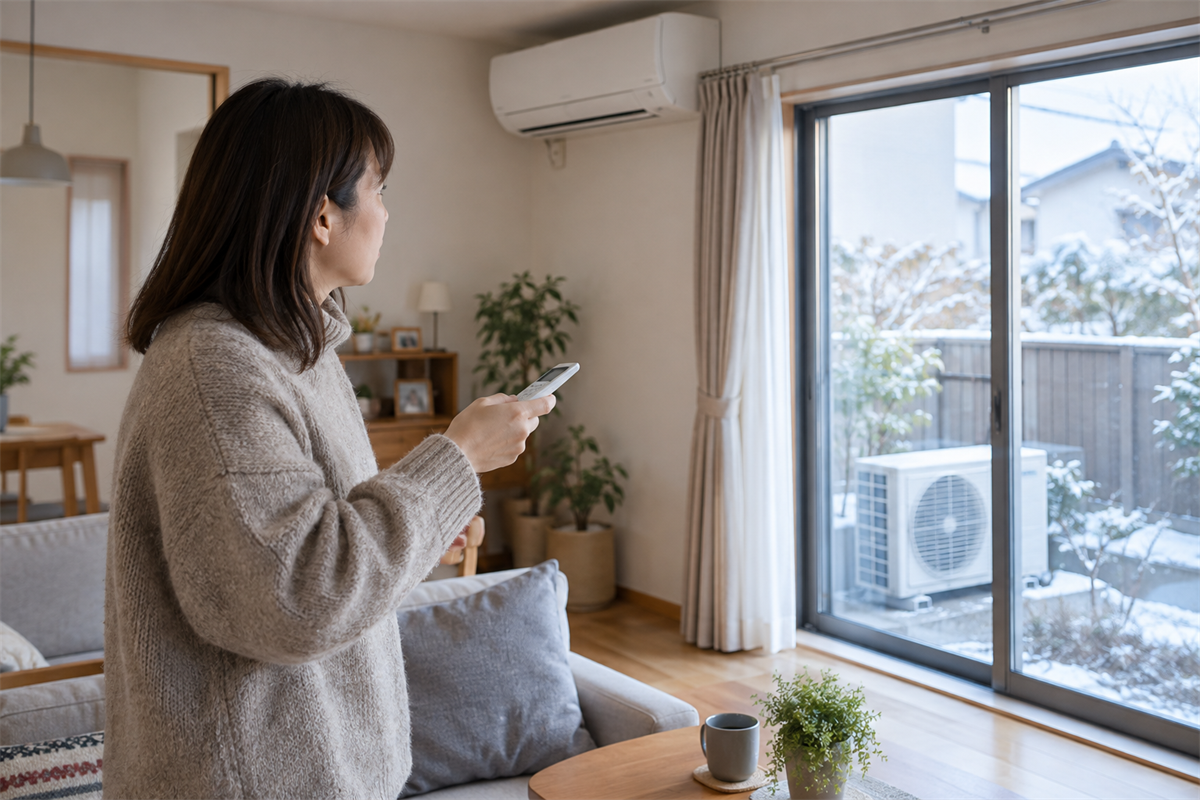 室外機へ近づかずリモコンでエアコンを停止する住人