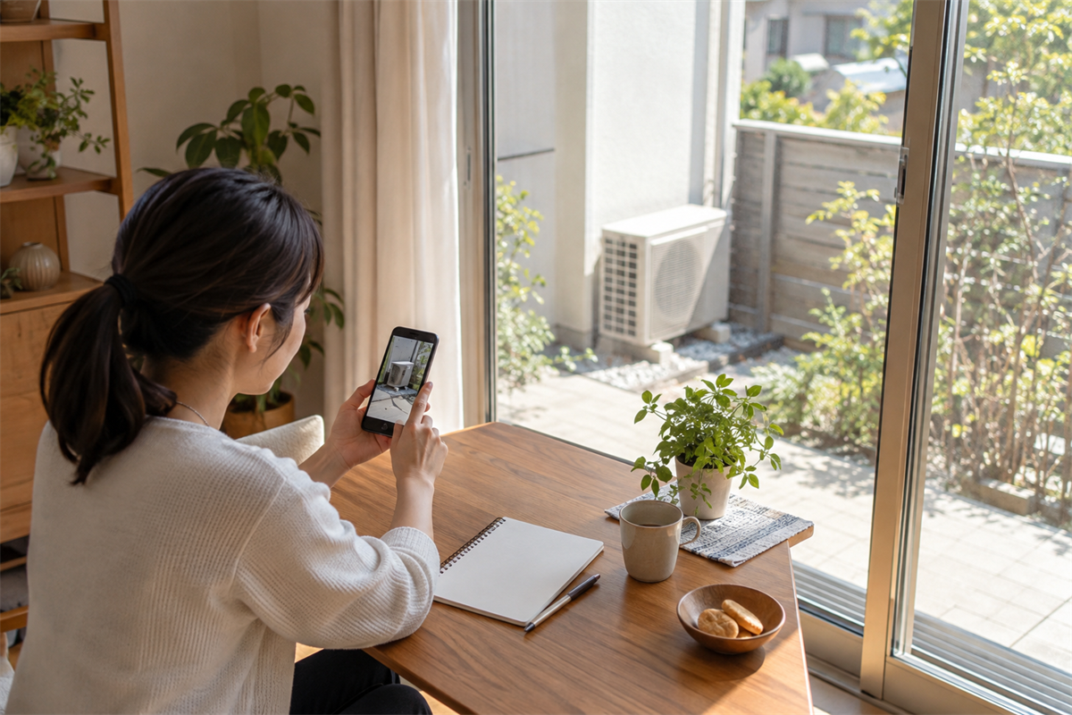 室外機の状態を見ながら相談に必要な情報を記録する住人