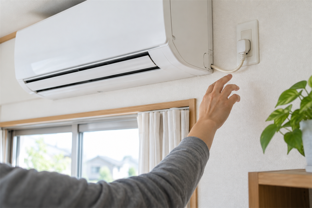 エアコンの電源プラグと専用コンセントを離れて確認する様子