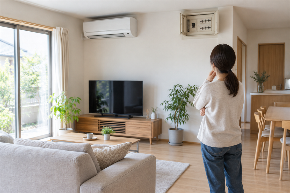 エアコンを停止して分電盤の位置を確認する住人
