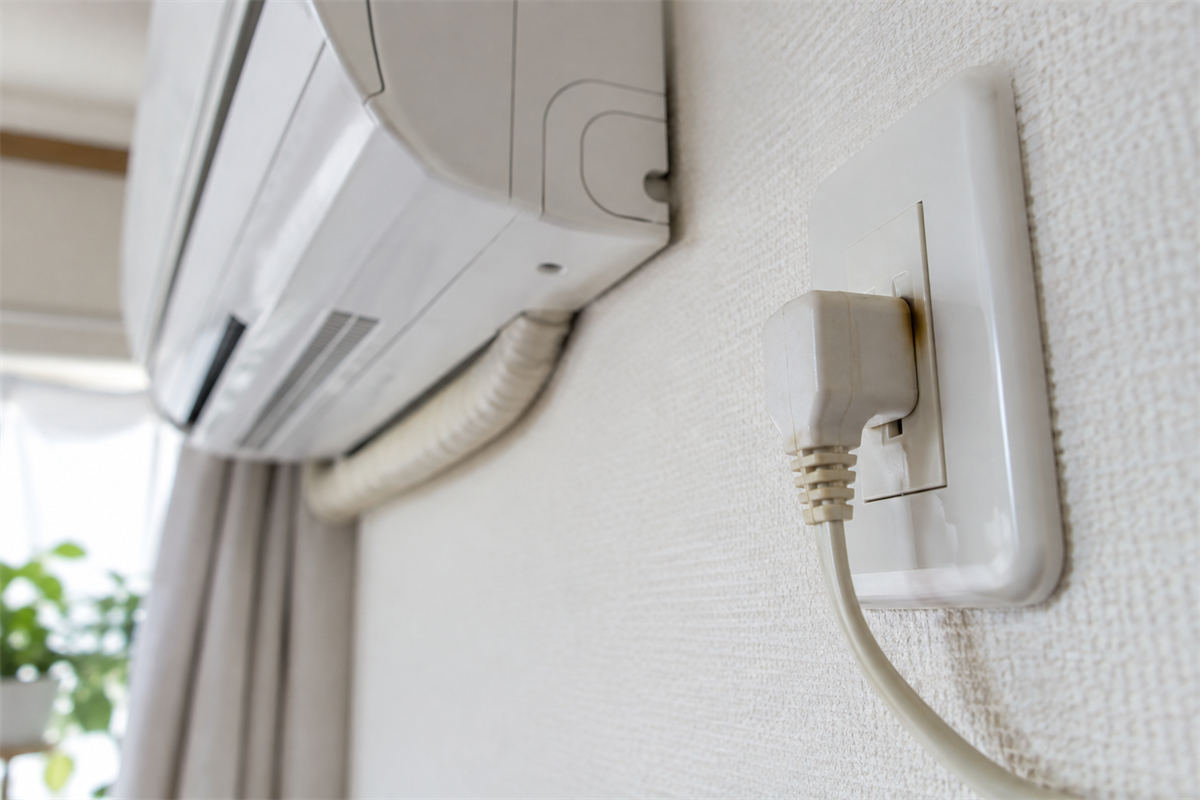 変色が見られるエアコン用電源プラグと専用コンセント