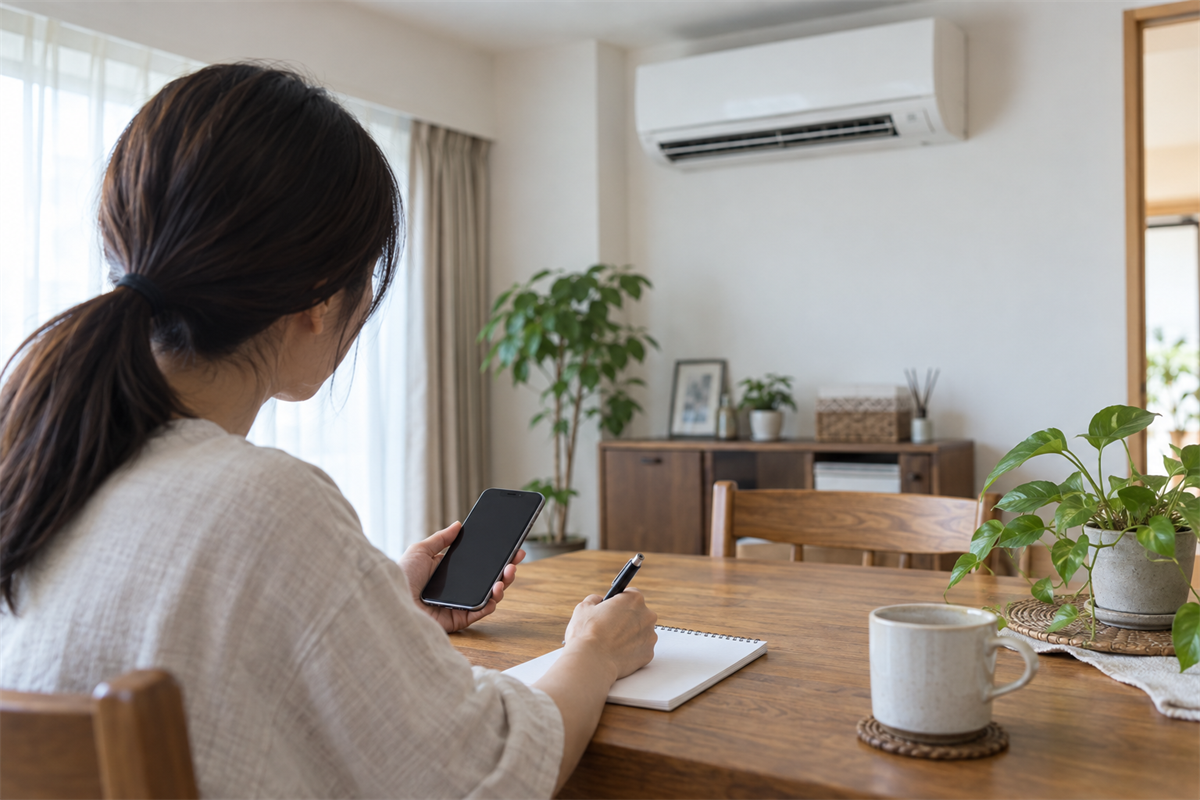 エアコンの症状と型番情報をメモする様子