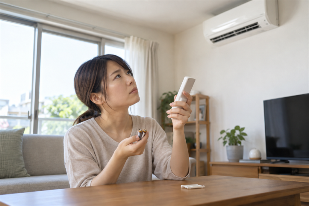 エアコンに向けても反応しないリモコンを確認する様子