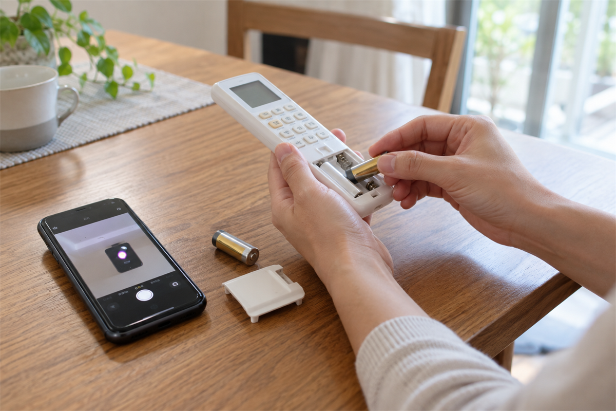 エアコンのリモコンの電池と赤外線信号を確認する手元