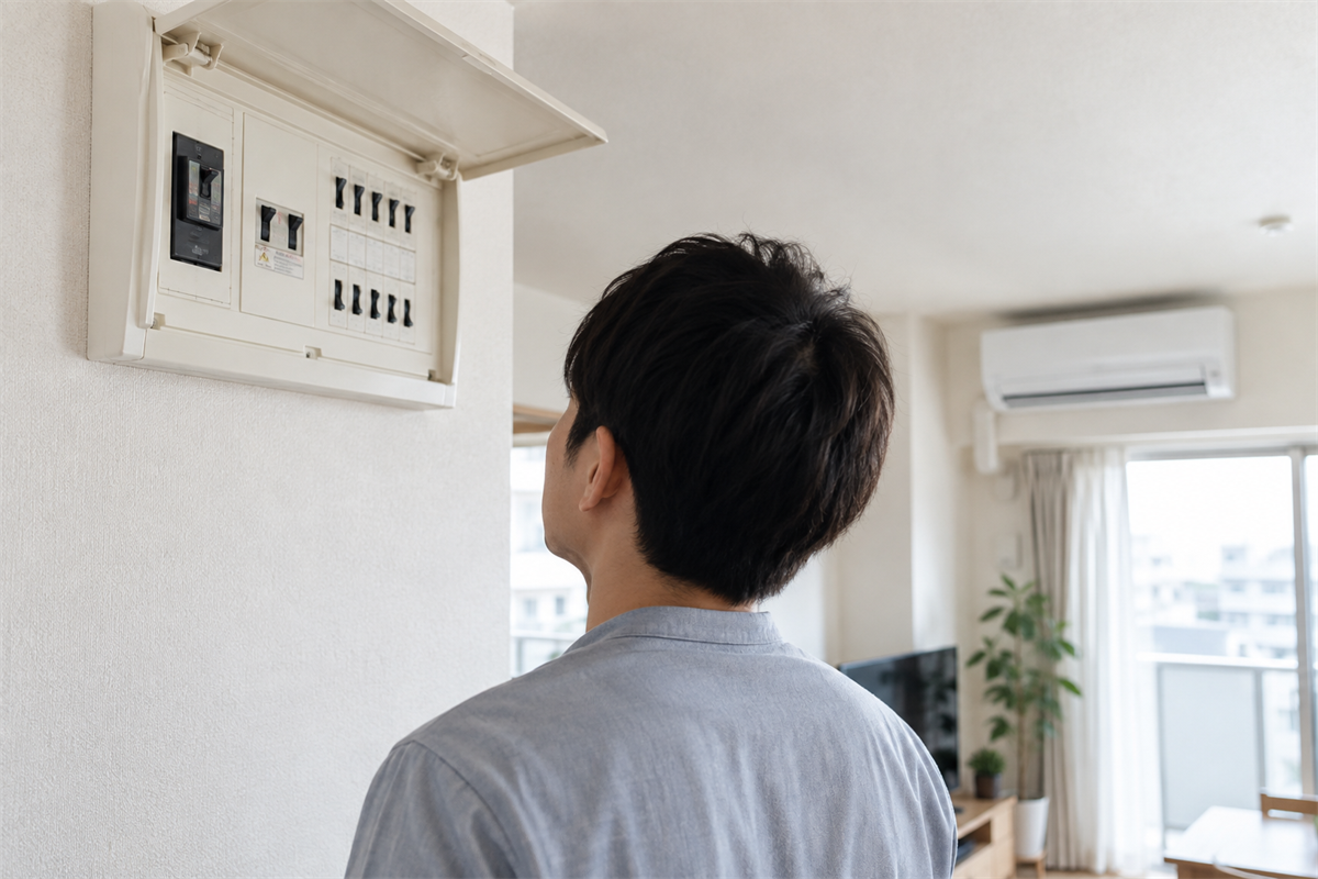 エアコン専用ブレーカーの表示状態を目視する様子