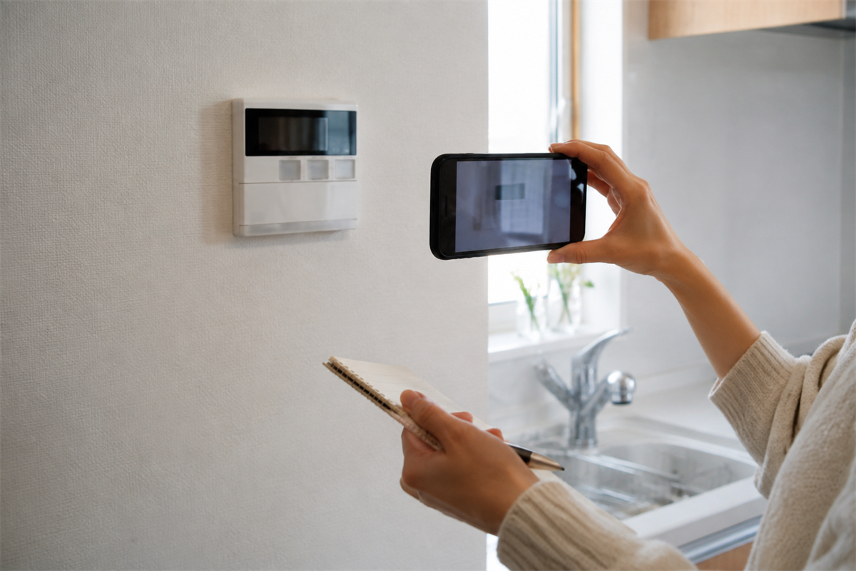 給湯器リモコンの表示を写真と手帳に記録する手元