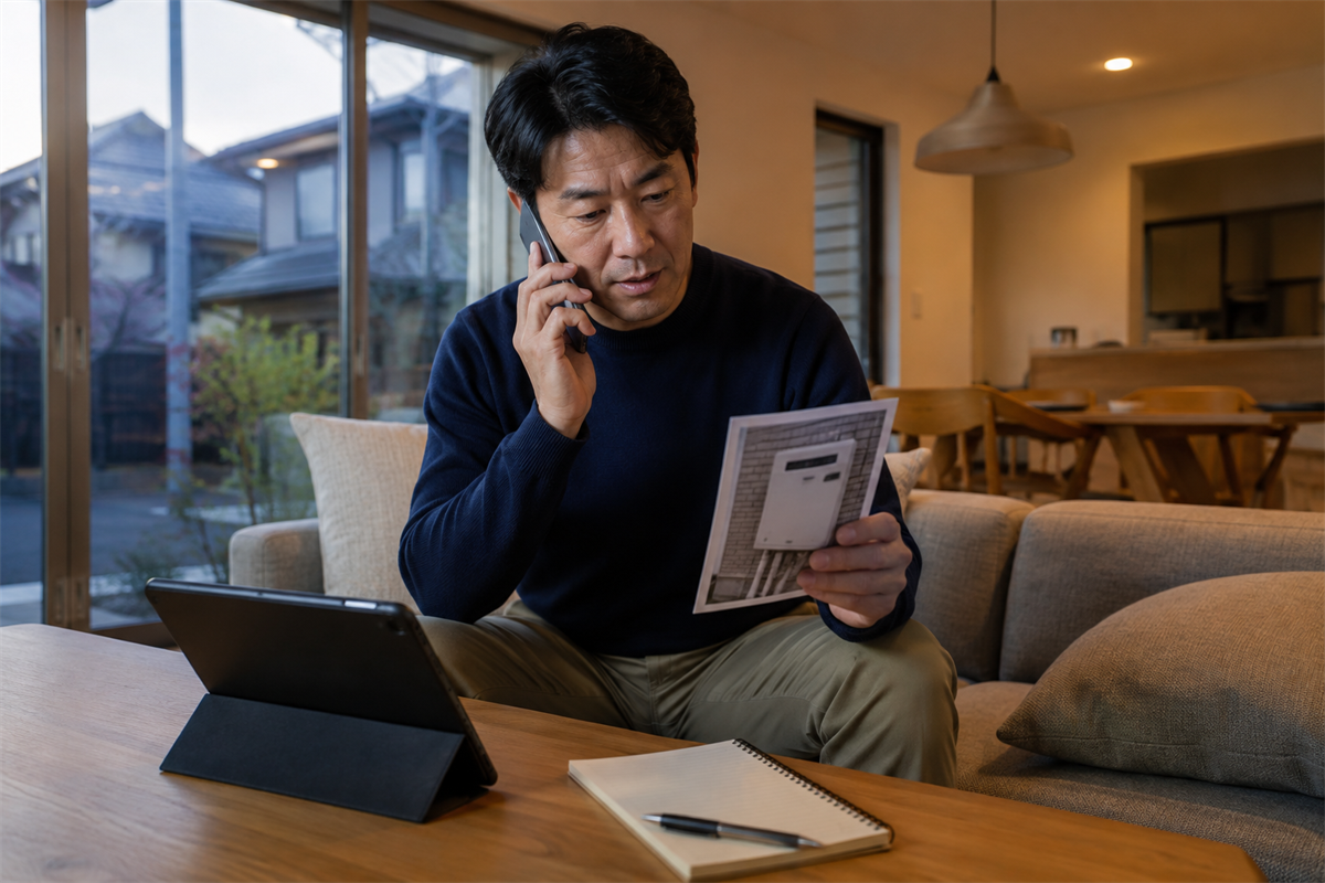 給湯器の表示と使用状況をメモして点検相談する人物