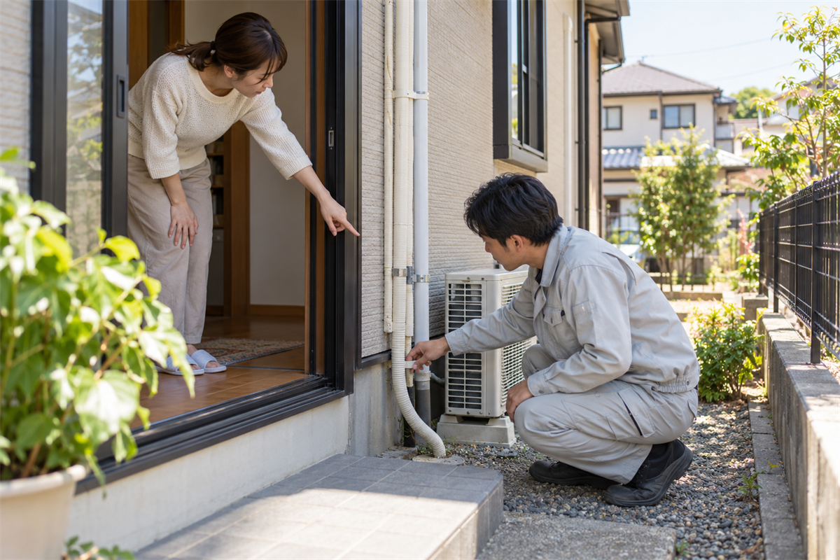 施工担当者がドレンホースと配管を点検する様子
