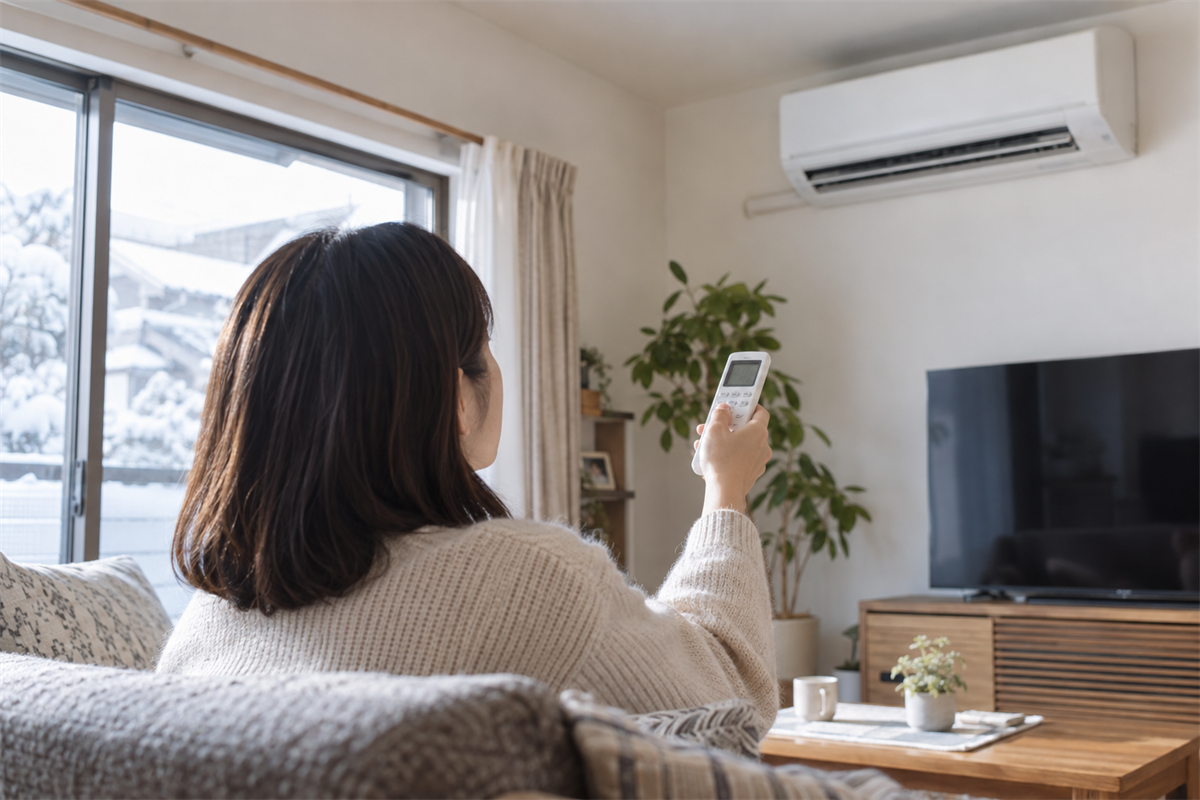 エアコン暖房の運転モードと風向設定をリモコンで確認する様子
