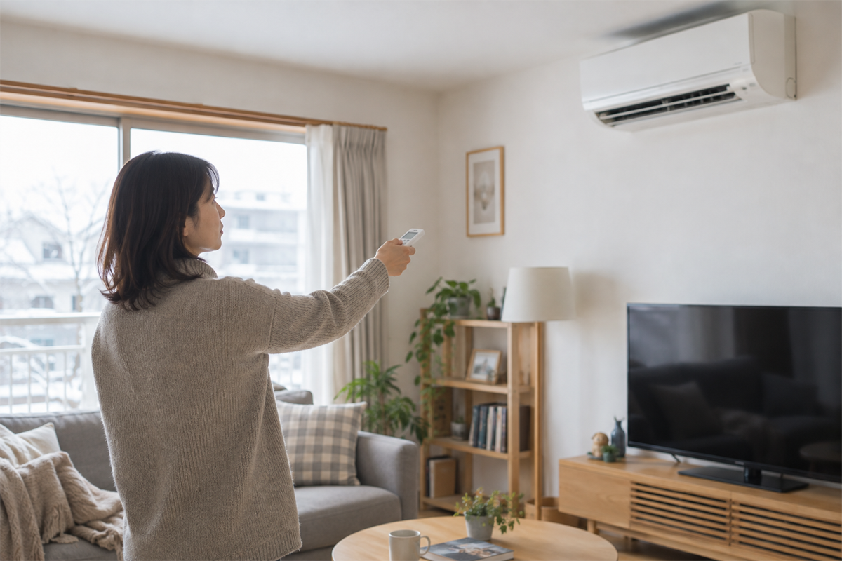 異音がするエアコンを離れた位置から停止する様子