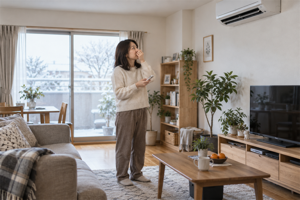 暖房をつけたエアコンの臭いを確認するリビングの住人