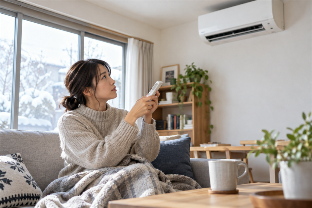 暖房の風が出ず壁掛けエアコンとリモコンを確認する住人