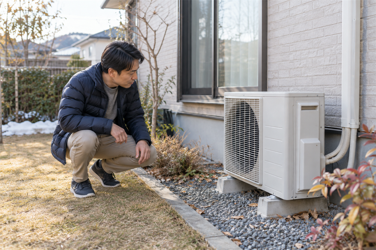 吸い込み口と吹き出し口の周囲を確認する屋外の室外機