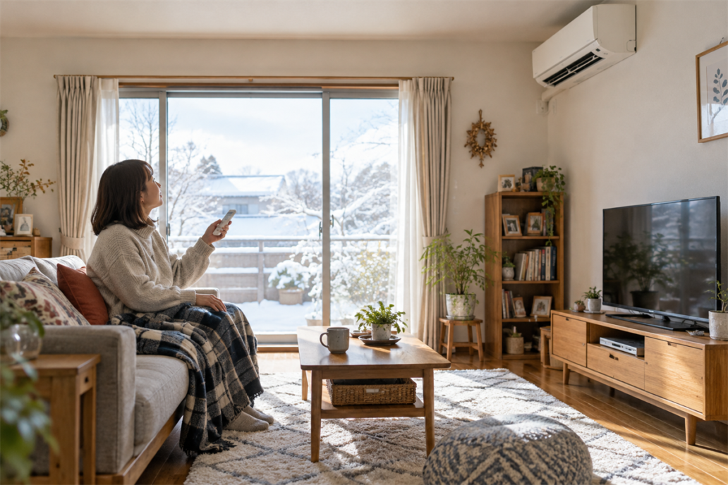 暖房を入れたエアコンの下でリモコンを確認する住人