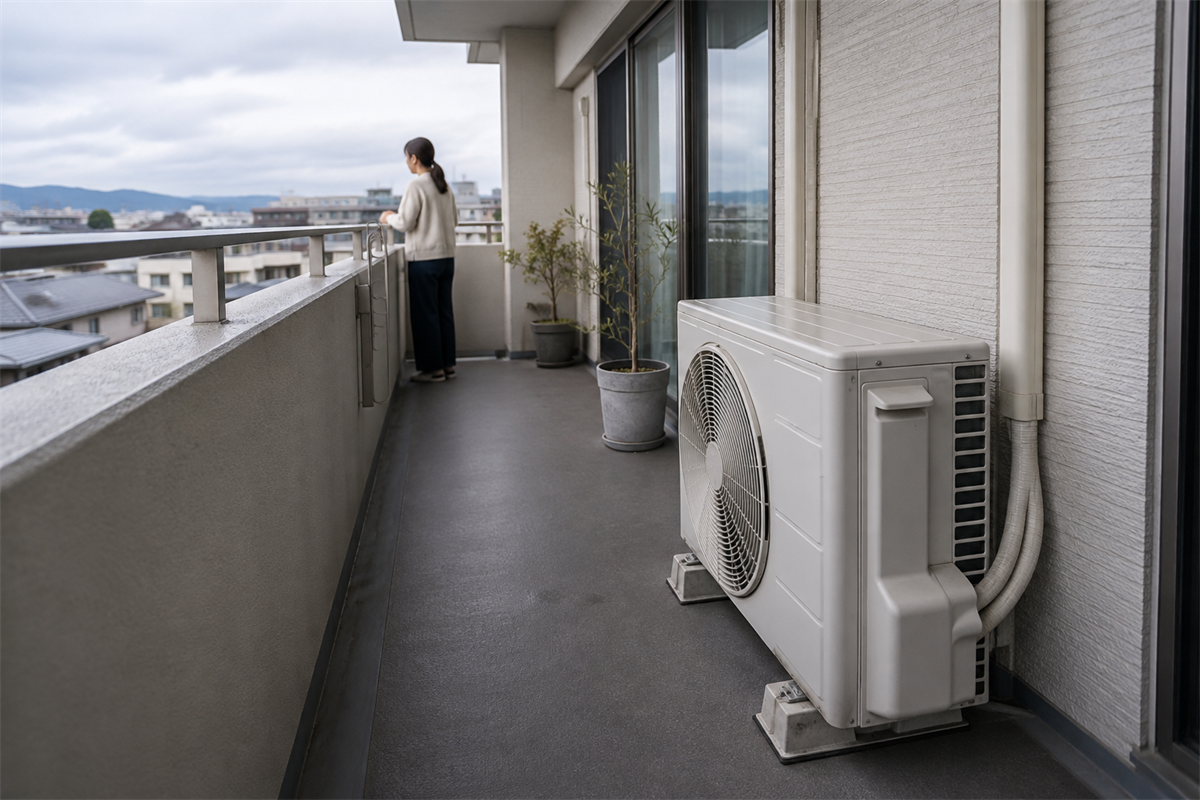 安全な距離から確認した家庭用エアコンの室外機