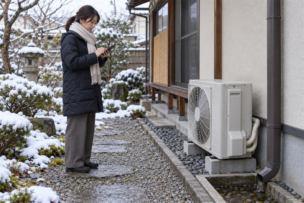 室外機の排水場所や運転状態を安全な距離から確認する住人
