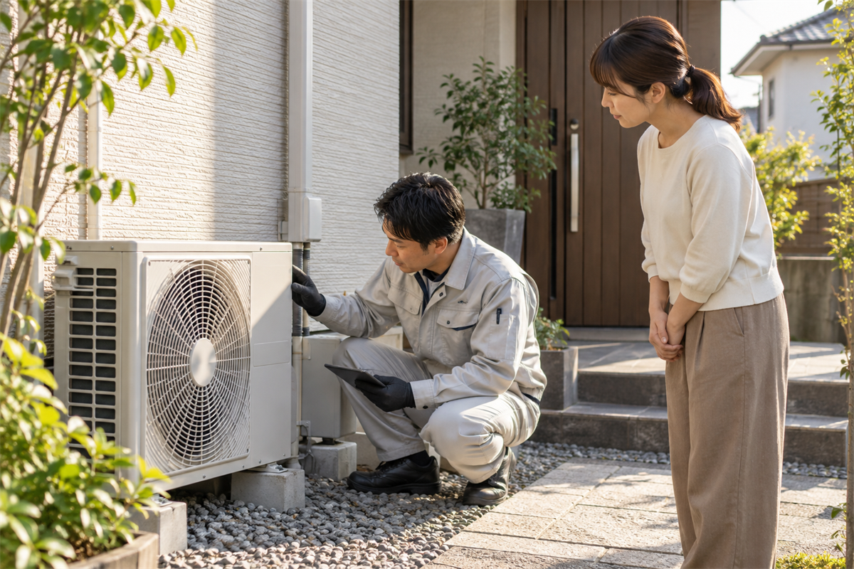 湯気や異音が続くエアコン室外機を作業員が点検する様子