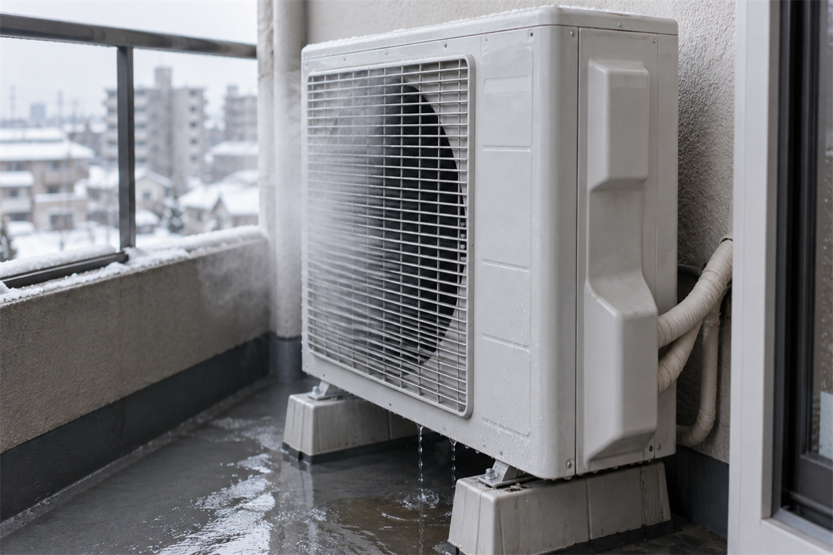 霜取り運転で室外機から薄い湯気と水が出ている様子
