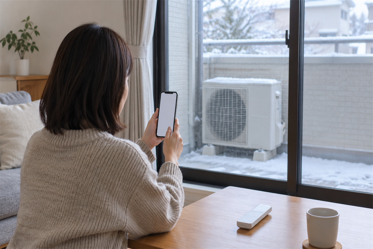 室内から室外機を確認し発生時間や表示をメモする住人