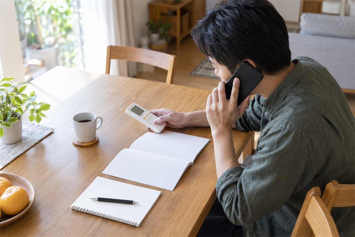 室外機の症状を記したメモを見ながら点検相談をする住人