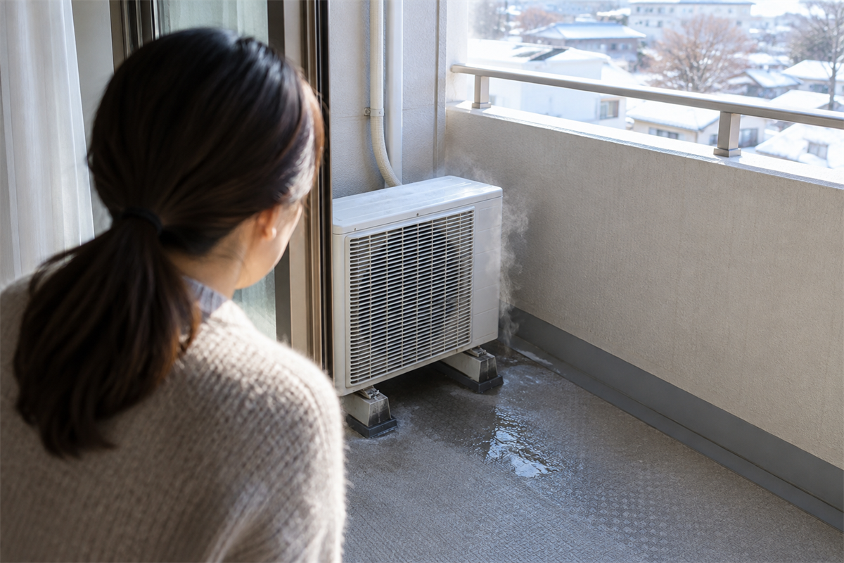 安全な距離から室外機の排水と湯気を確認する様子