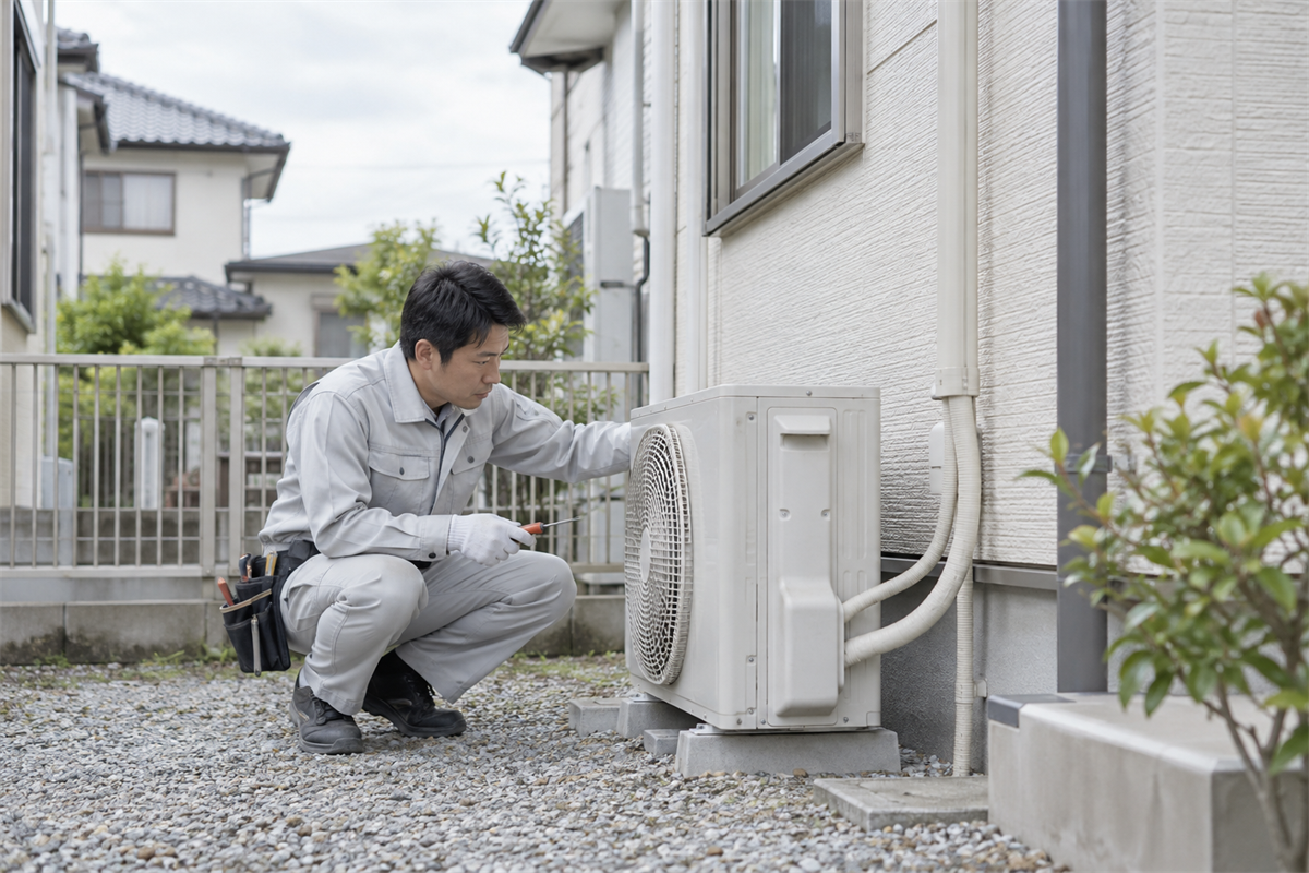 住宅の屋外でエアコン室外機を点検する作業員
