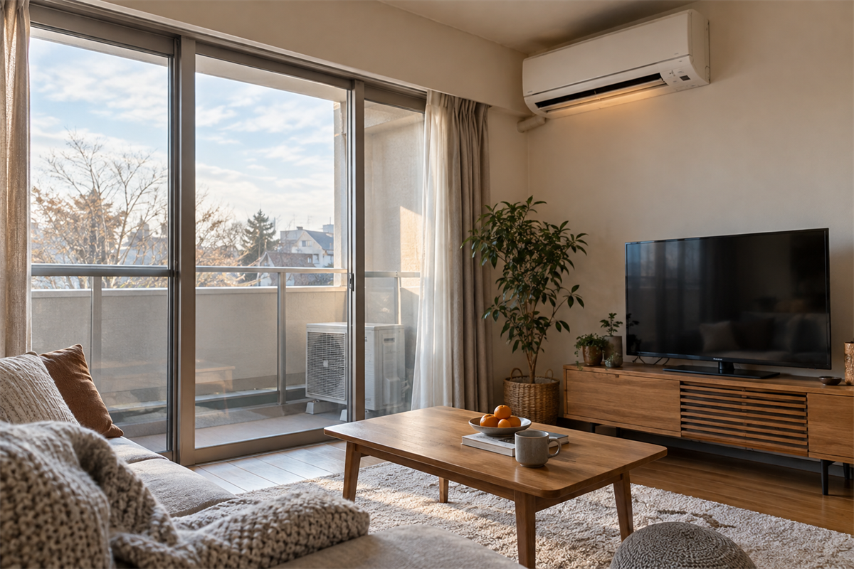 暖房中の室内と窓越しに見えるベランダの室外機
